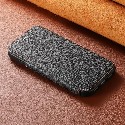 Image of Cubix Flip Cover for iPhone 15 | Pebble-Grain Texture | N52 High-Strength Magnet | Magnetic Wireless Charging Compatible | 2 Card Slot | Slim Full Cover (Black)