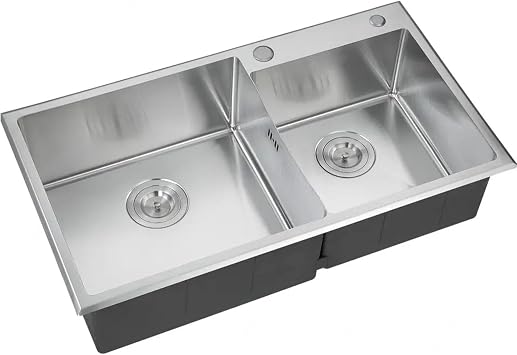 Kitchen Sink with Strainer Plug & Waste Pipe Kit - Thickness Stainless Steel Double Bowl Sink - Large Rectangle Bowl for Vegetable Basin & Dishwashing Sink,82x45cm