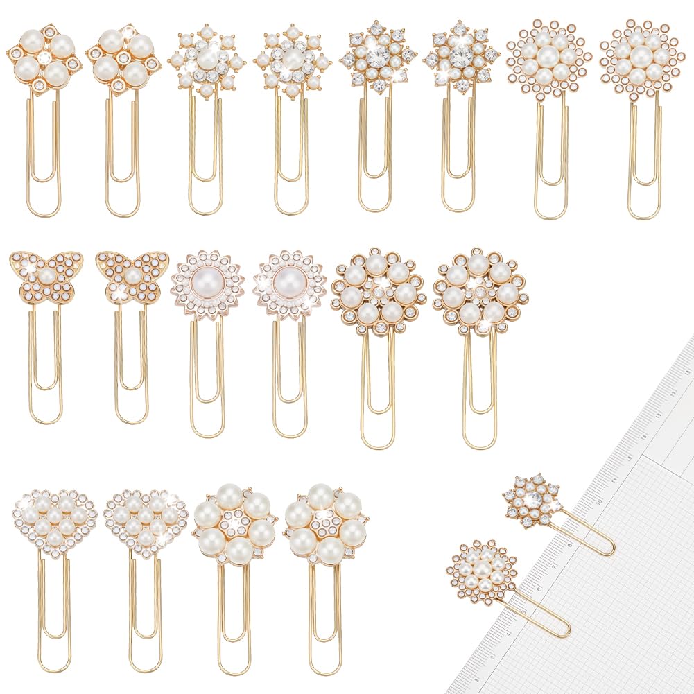 AHANDMAKER 18pcs Cute Paper Clips Bookmark 2in Resin Rhinestone Flower Paperclips Note Clip for School Office Stationery Supplies Gift Stationery Decoration, Gold