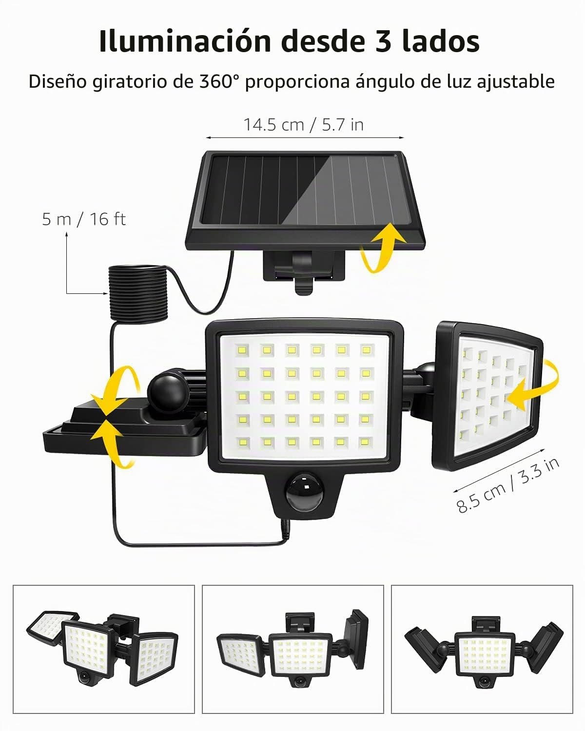 Lepro Luz Solar Exterior Detector de Movimiento, 72 LED 1000 LM, Pack de 2 | Foco Solar Exterior Potente de Seguridad, Impermeable IP65, 3 Cabezales, Ángulo de 270° Rotación de 360° para Jardin Garaje