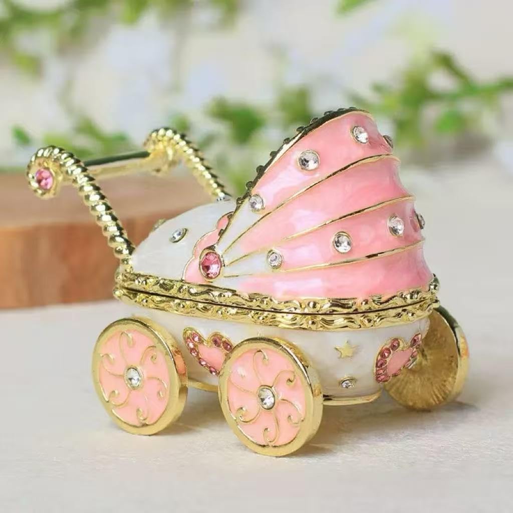 Exquisite Hand-Painted Enamel Baby Stroller Trinket Box Hinged Mini Jewelry Organizer for Rings & Necklaces, Ideal for Classical Home Decor & Collectible Keepsake Women Girls Festival Gift