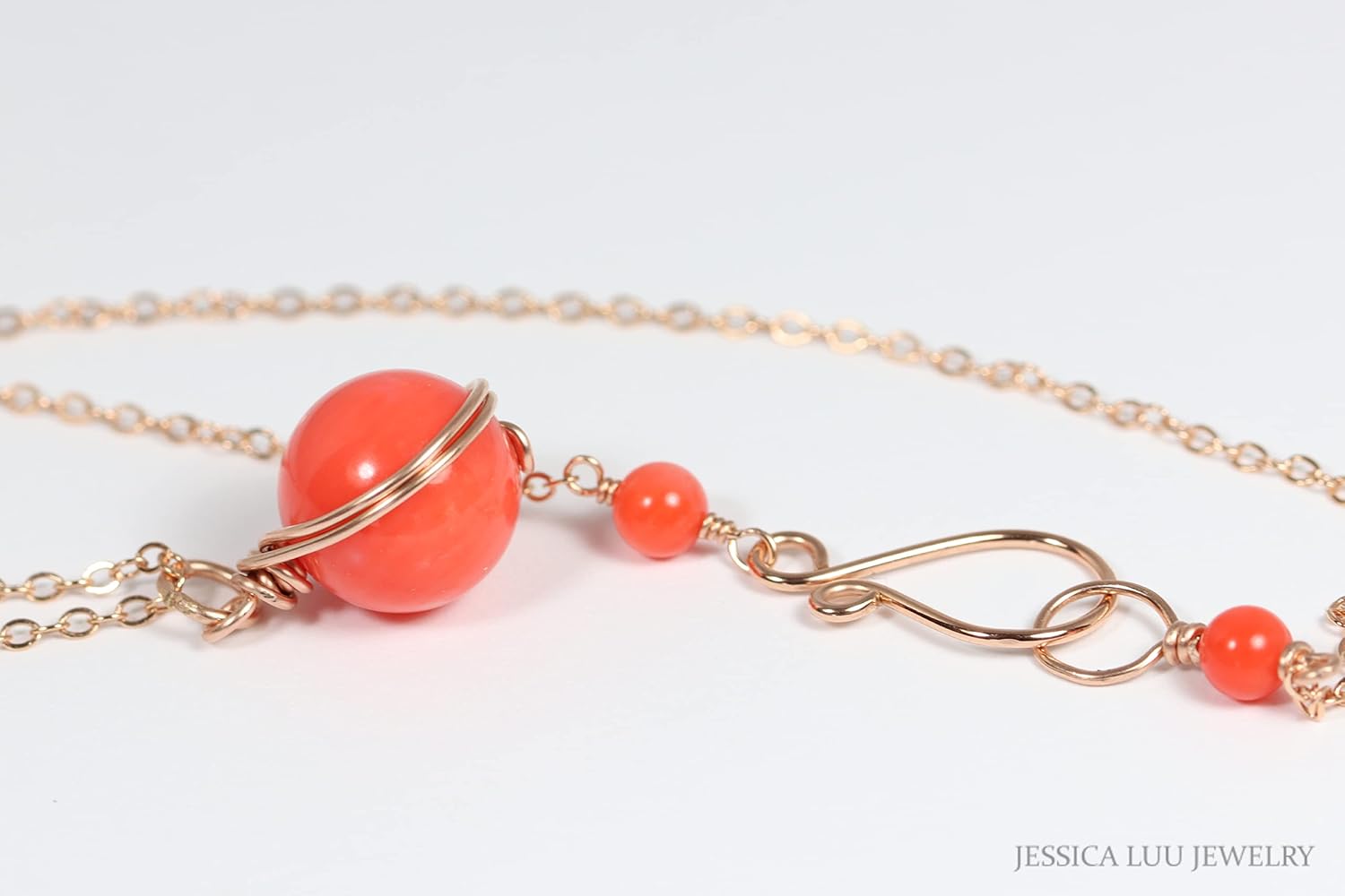 Jessica Luu Jewelry Rose Gold Orange Coral Necklace Natural Gemstone Pendant Wire Wrapped Handmade