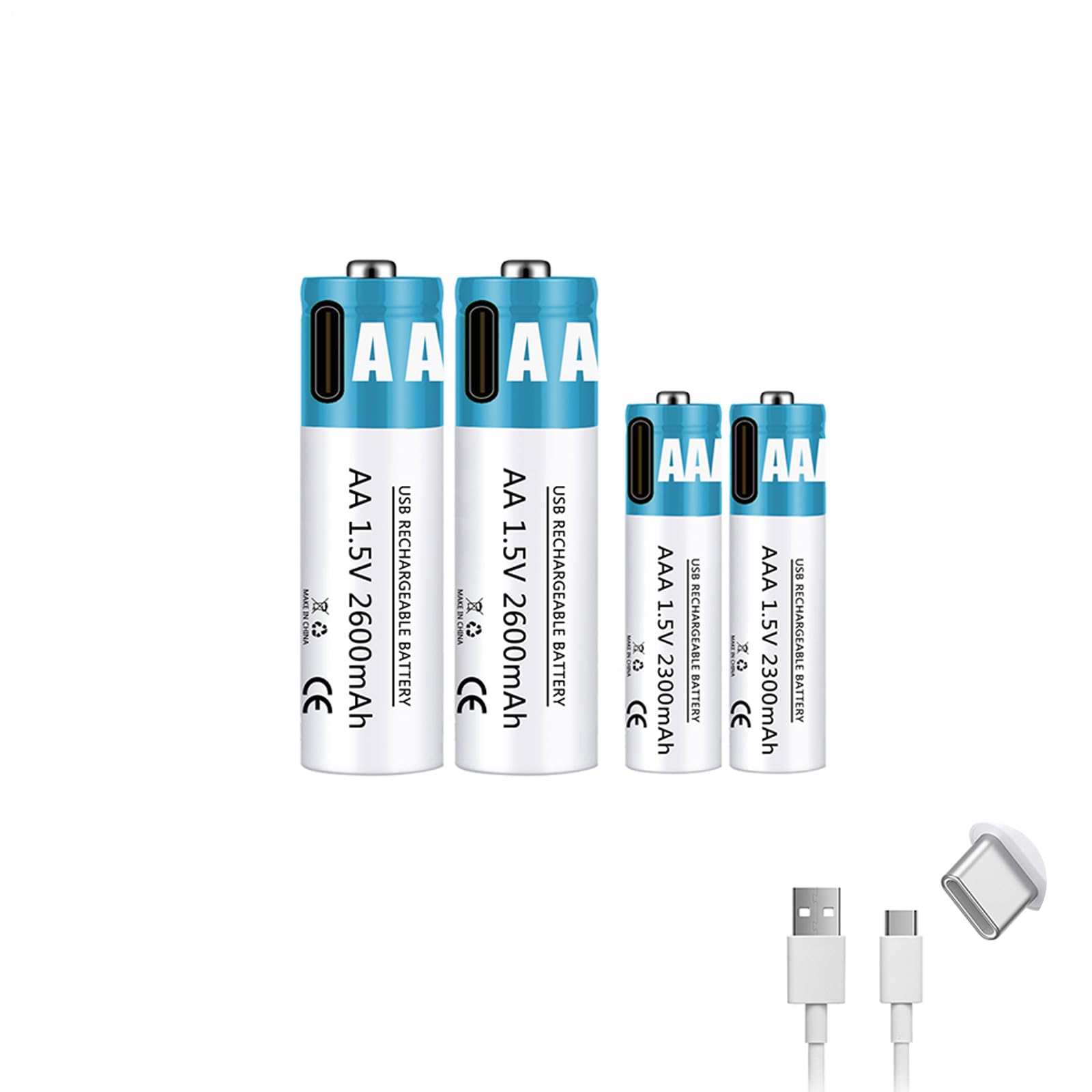 Baterías Recargables AA+AAA 1,5 V 2600 mAh + 2300 mAh batería de Iones de Litio de Alto Rendimiento Carga rápida USB-C (con Cable) para Juguetes/teclados,2600mah+2300mah,2pcs