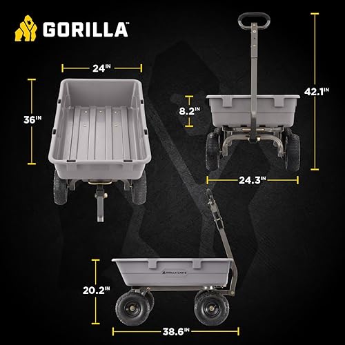 Miniatura 4 de Gorilla Carts Carretilla Volquete de Polietileno Resistente, Contenedor de 5 Pies Cúbicos, Capacidad de Transporte de 800 Libras, Gris – Vagón