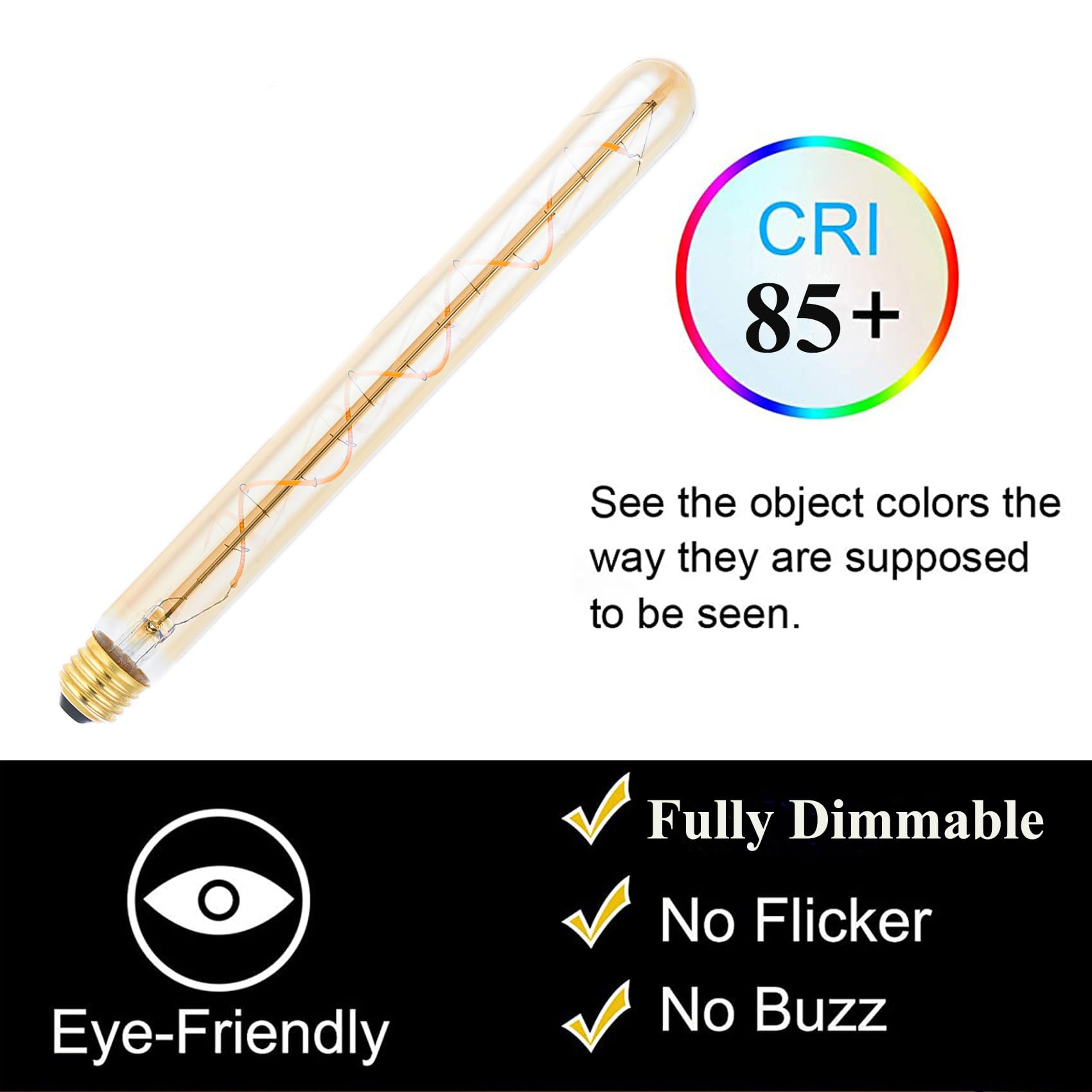 T300 T10 Long Tubular Light Bulb 40 Watt Equivalent E26 Base Amber Vintage Edison Bulb 4W Dimmable Tubular — view 5