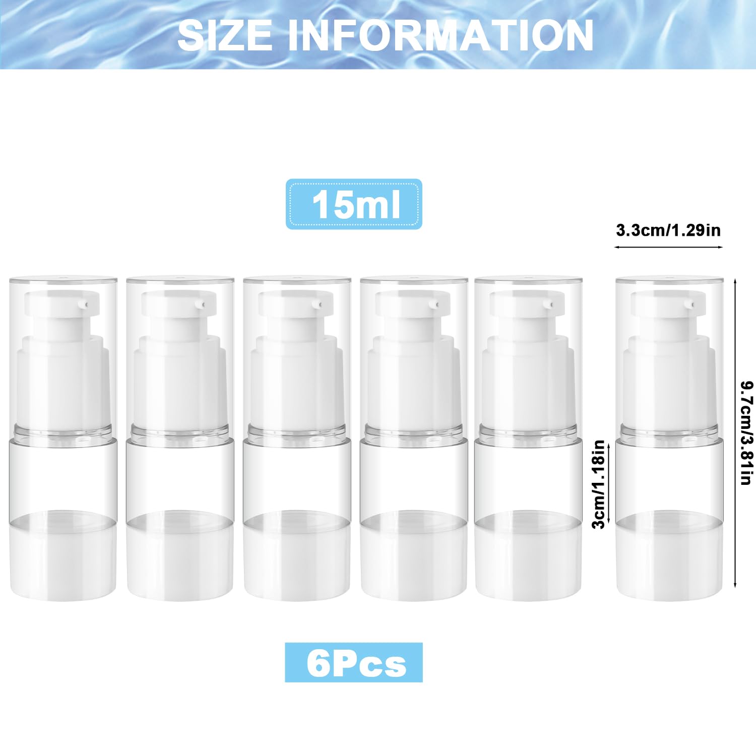 6 distributori di pompaggio airless da 15 ml, dispenser di crema, vuoto, contenitore per cosmetici, vuoto da viaggio, per lozioni, shampoo cosmetici