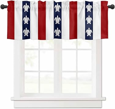 Coastal Turtle Valances Window Treatment Farmhouse Decor, Red Stripe Black White Geometric Ocean Rod Pocket Valance Curtains for Living Room, Bedroom, Kitchen, 42" W x 18" L - 1 Panel