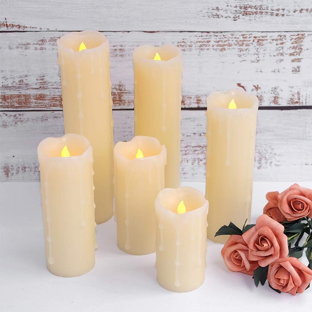 Flameless Flickering Candles Battery Operated with Remote and Timer, Set of 6 Dripping Wax LED Pillar Candles Halloween Christmas Holiday Indoor Decor(Ivory, 2.2 x 4-9 Inches)