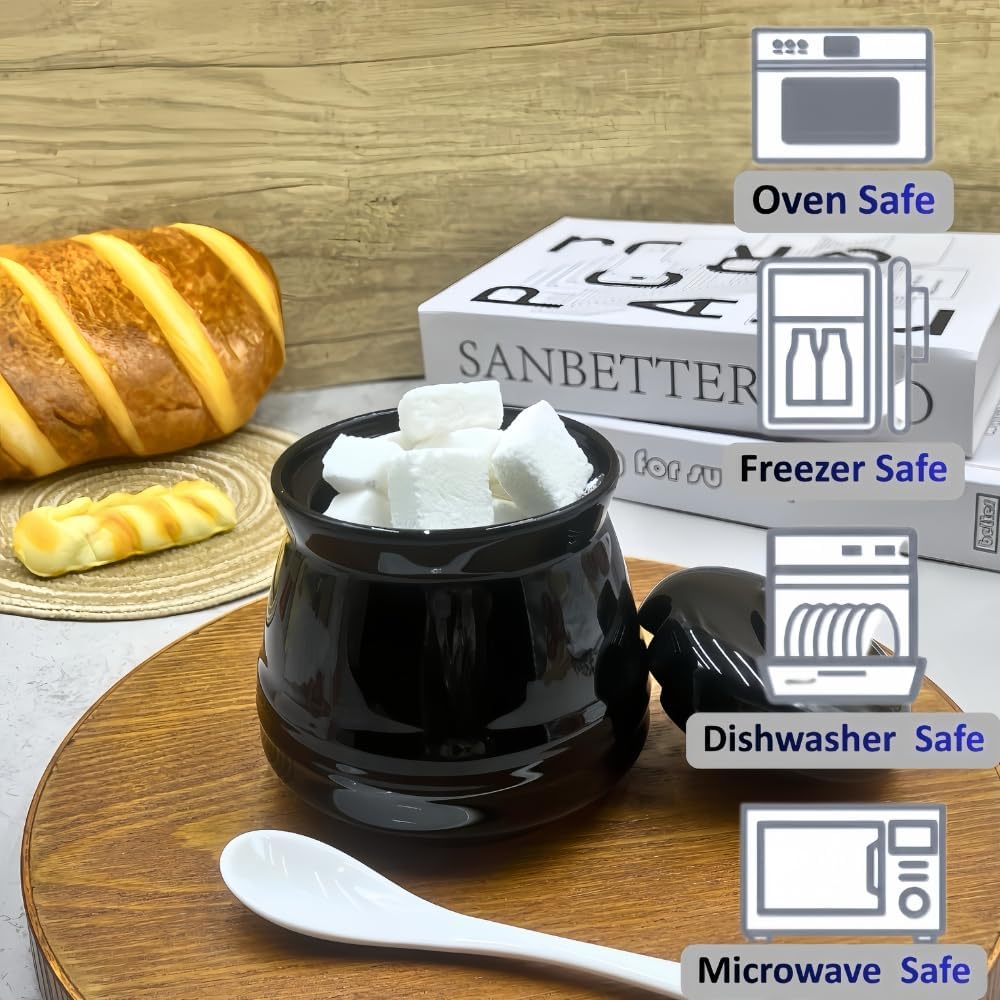 Ceramic Sugar Bowl with Lid and Spoon,12 oz Porcelain Sugar Jar Sugar Dispenser, Sugar Salt Container for Home and Kitchen Countertop Canisters, Black
