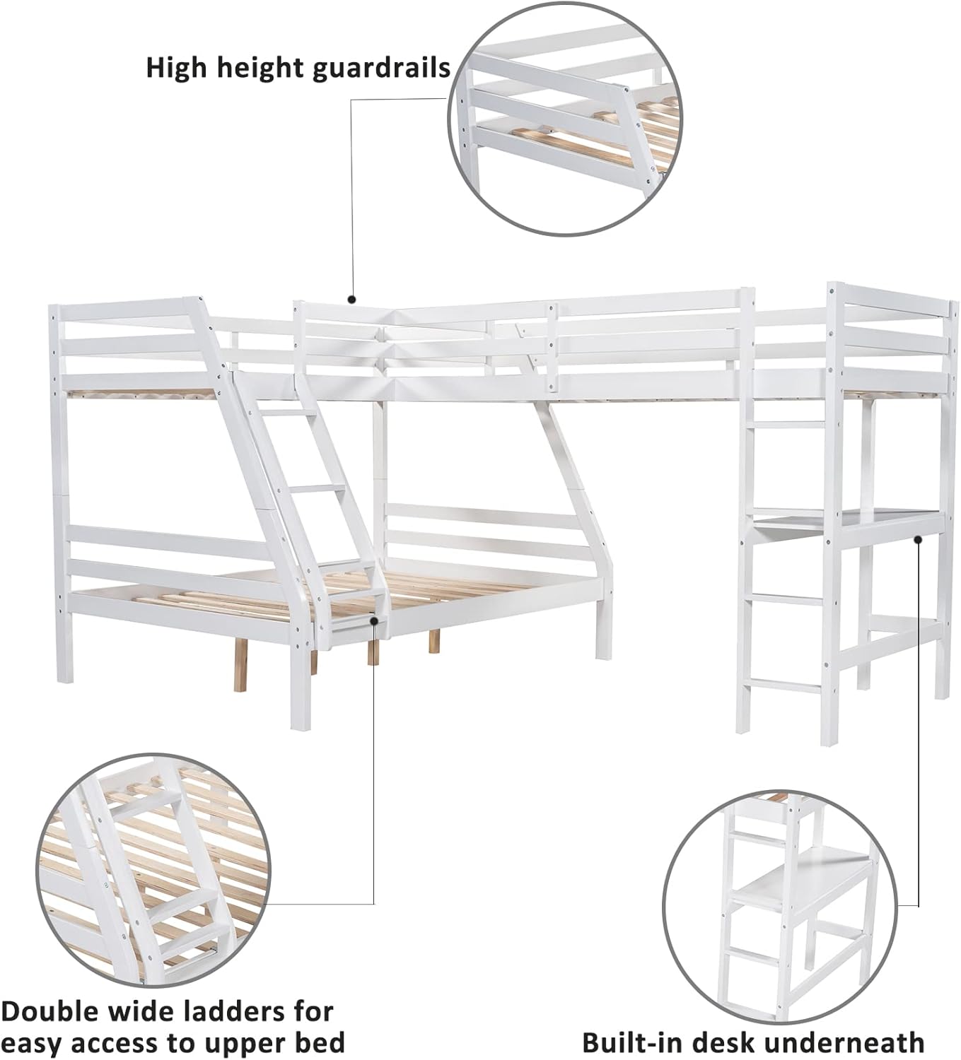 L-Shape Triple Bunk Bed Twin Over Full Wood 3 Beds Bunked Frame with Desk White Corner Loft Bed for Adults Kids Teens Boys Girls