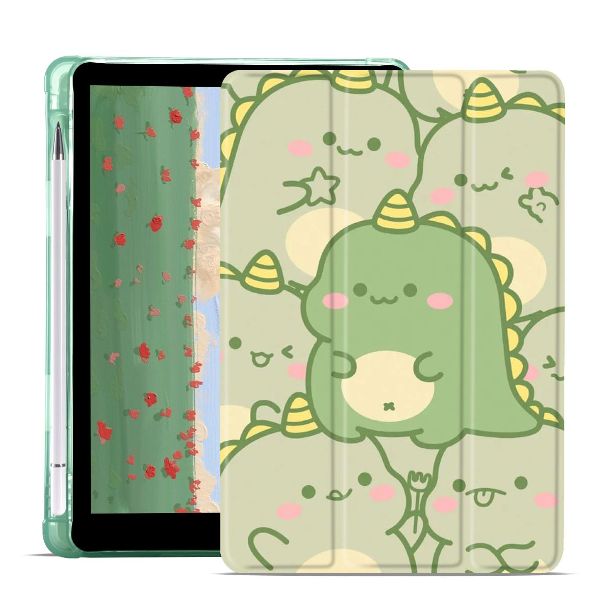 JOYLAND Compatible with iPad 6th/5th Generation 9.7 Inch Case with Pencil Holder, Cute Dinosaur Animal Pattern Green TPU Soft Back Trifold Stand Smart