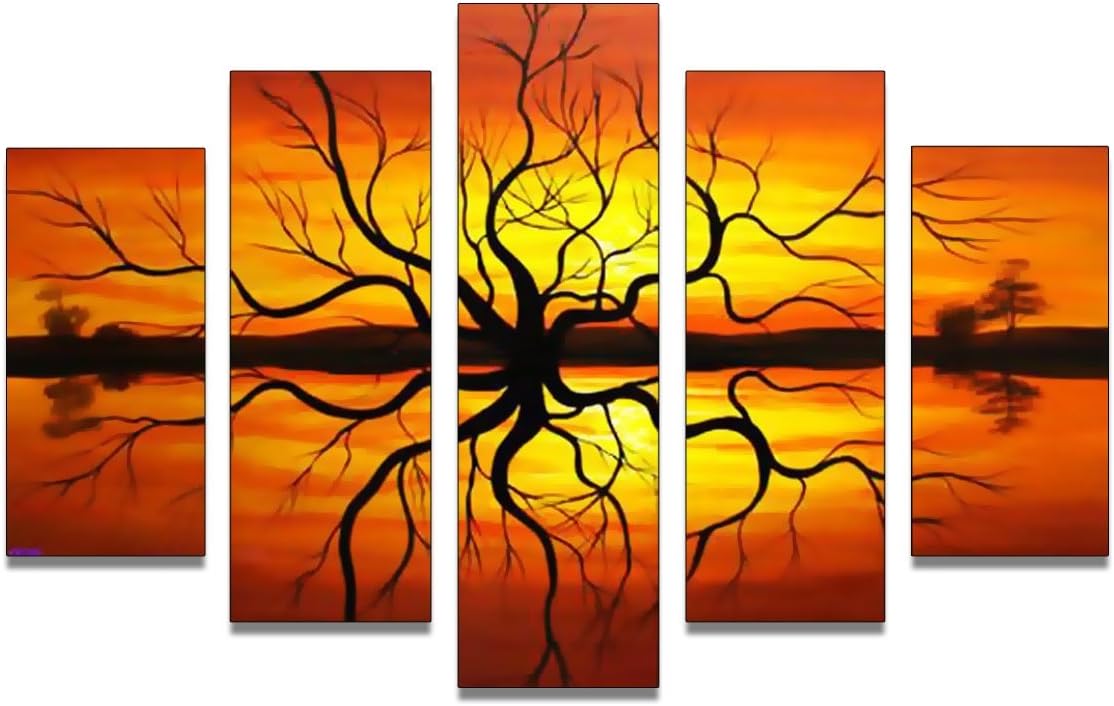 Design Art OL275 5-Panel Reflection Tree Abstract Oil Painting, 60 by 40-Inch, Orange/Yellow