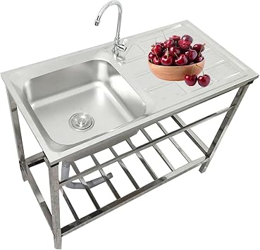 Free Standing Sink Stainless-Steel Single Bowl Commercial Restaurant Kitchen Station w/Faucet & Drainboard, Prep & Utility Washing Hand Basin w/Workbench & Double Storage Shelves Indoor Outdoor Laundr