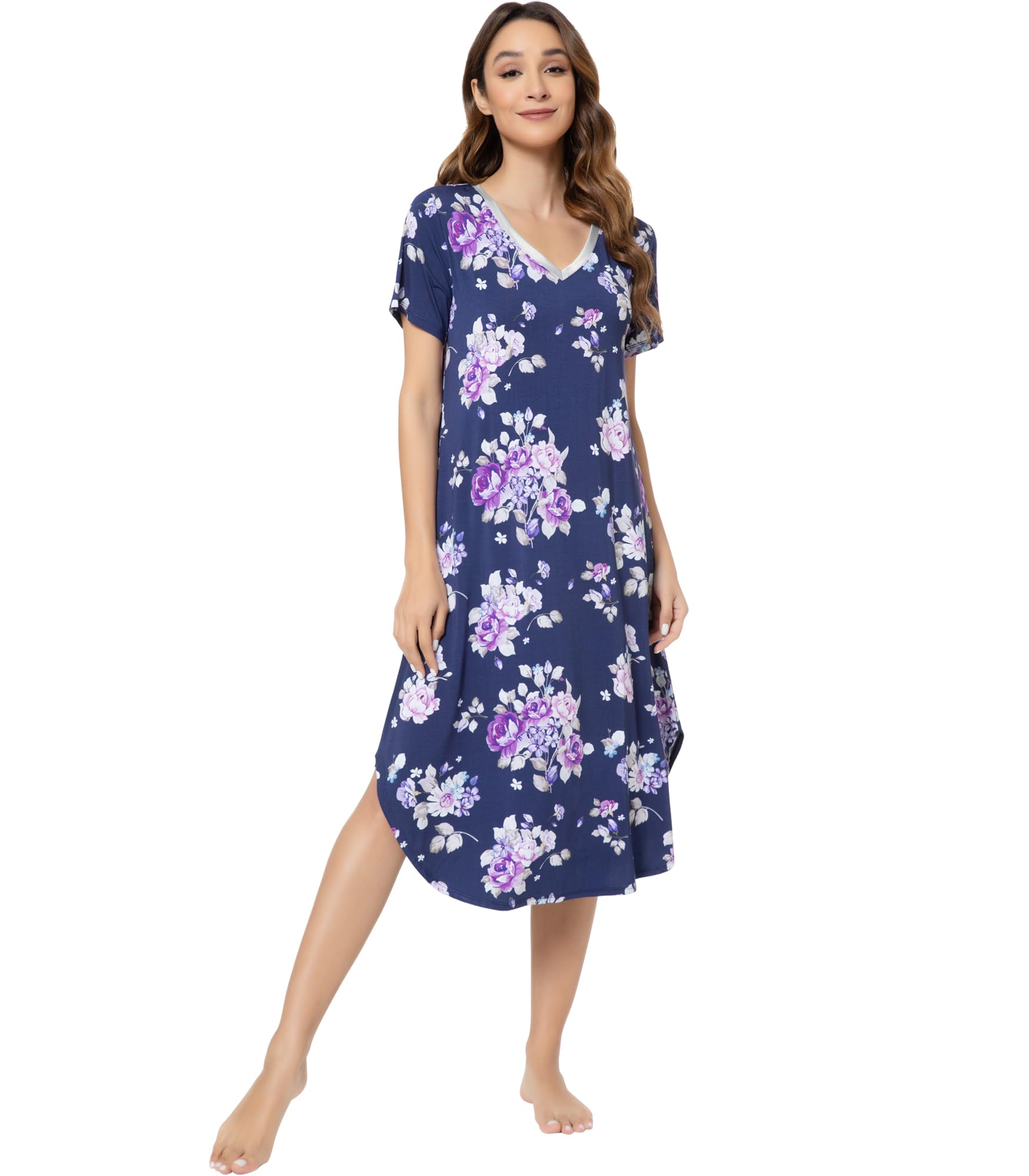 NACHILA Bamboo Viscose Nightgowns for Women Cooling Short Sleeve Sleepshirt | Soft V Neck Night Gowns, Moisture-Wicking Sleepwear for Hot Flashes &amp; Night Sweats, Ladies Nightshirts for Sleep, Home, Gift