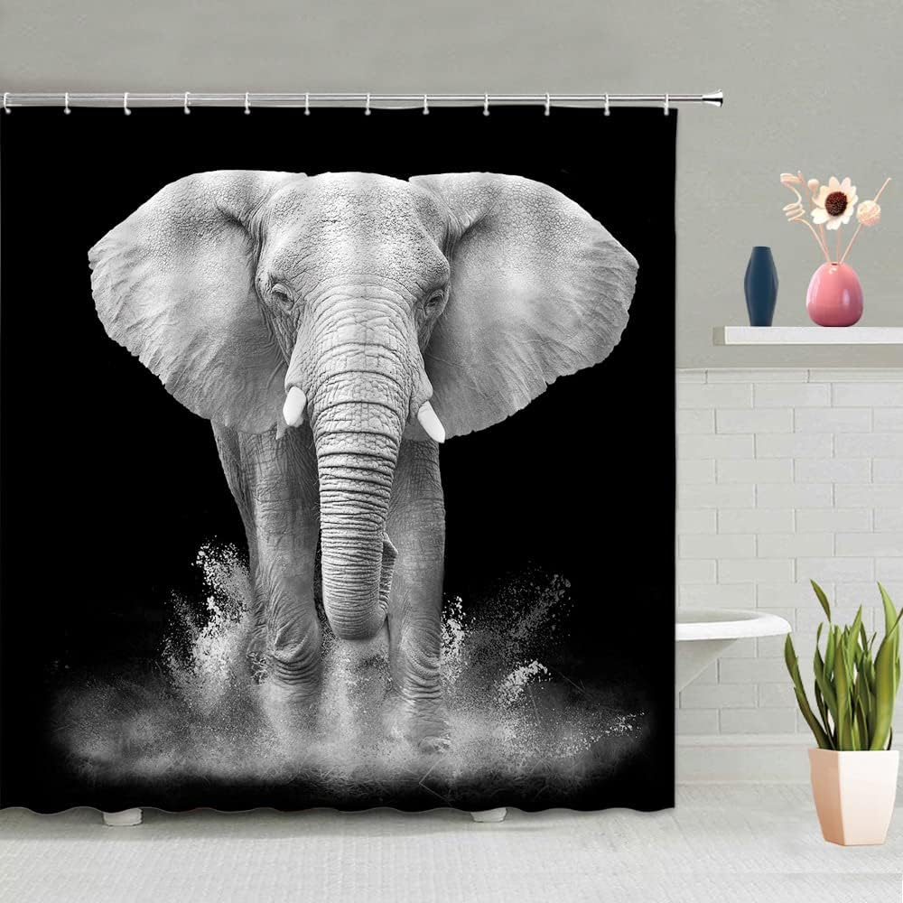 African Elephant Shower Curtain Grey Wild Animal Elephants Safari Large Powerful Animals Africa Wildlife Boys Girls Men Zoo Black Gray Bathroom Curtain Sets Polyester Fabric with Hooks 71 X 84 Inch