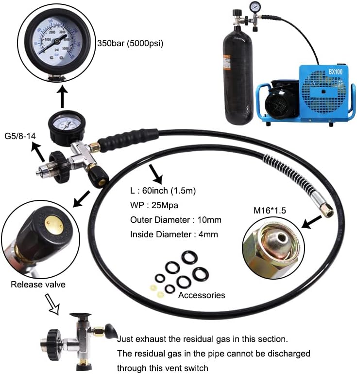 TUXING 5000Psi Scuba Diving Pcp Compressor,Filling Sevice High Pressure Filling Station, with 7/16-20UNF/M16*1.5 End Compressor Filling Valve with Hose (M16*1.5)