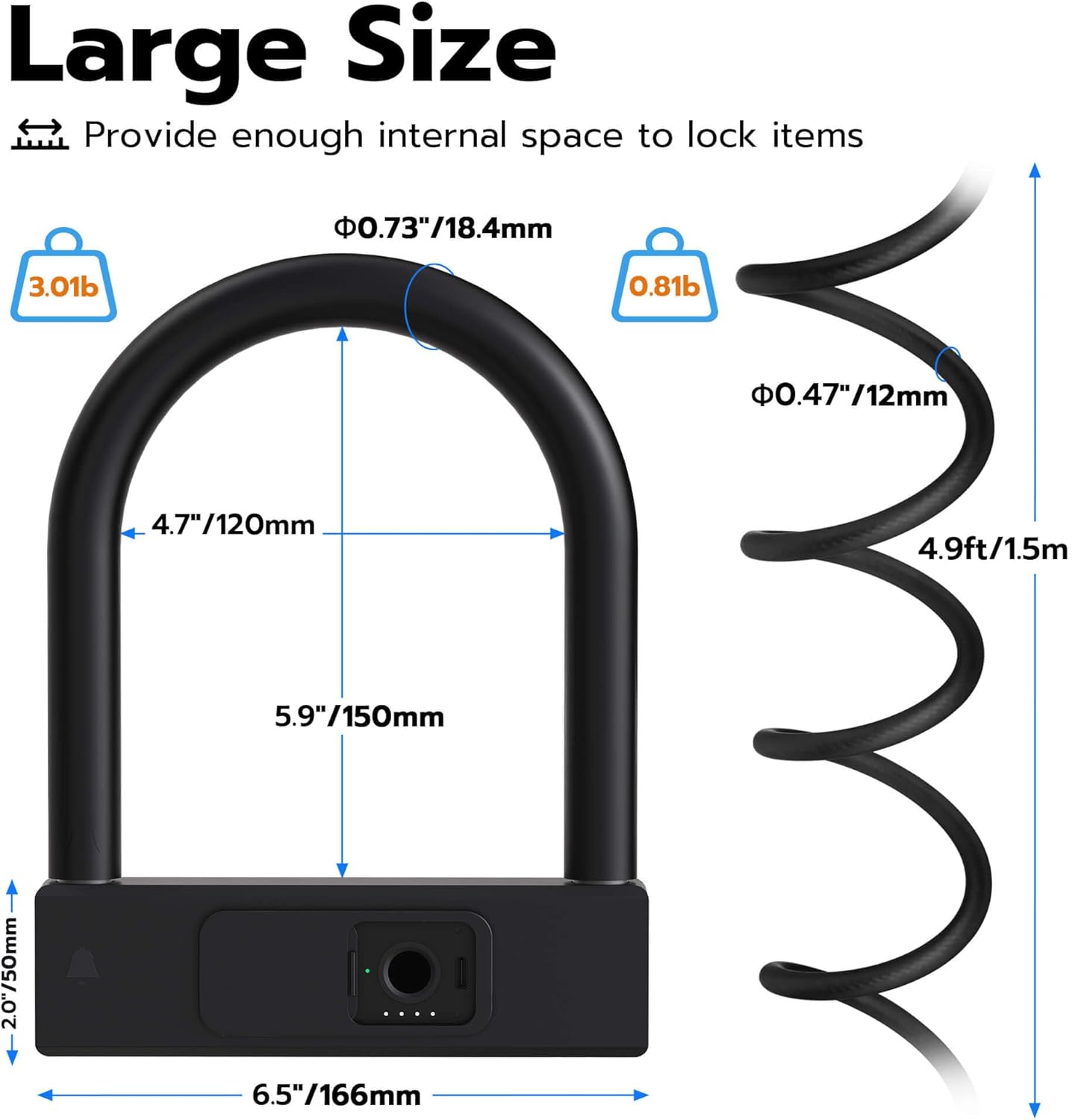 Anweller Fingerprint Bike U Lock with 5ft Security Steel Cable, Heavy Duty Anti Theft Bicycle Lock with Keys, Bike Accessories for Adult Bikes, E Bike, Scooter, Motorcycle, Fence, Gate
