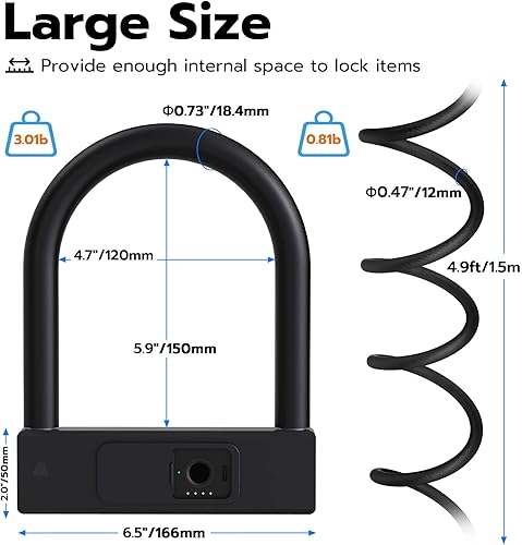 Miniatura 2 de Anweller - Cerradura en U para bicicleta de huellas dactilares con cable de acero de seguridad de 5 pies, cerradura de bicicleta antirrobo