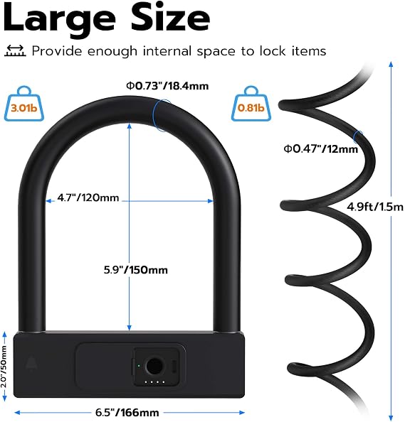 Anweller Fingerprint Bike U Lock with 5ft Security Steel Cable, Heavy Duty Anti Theft Bicycle Lock with Keys, Bike Accessories for Adult Bikes, E Bike, Scooter, Motorcycle, Fence, Gate