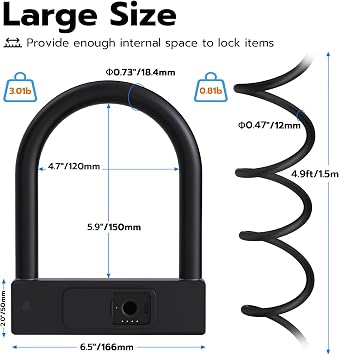 Anweller Fingerprint Bike U Lock with 5ft Security Steel Cable, Heavy Duty Anti Theft Bicycle Lock with Keys, Bike Accessories for Adult Bikes, E Bike, Scooter, Motorcycle, Fence, Gate