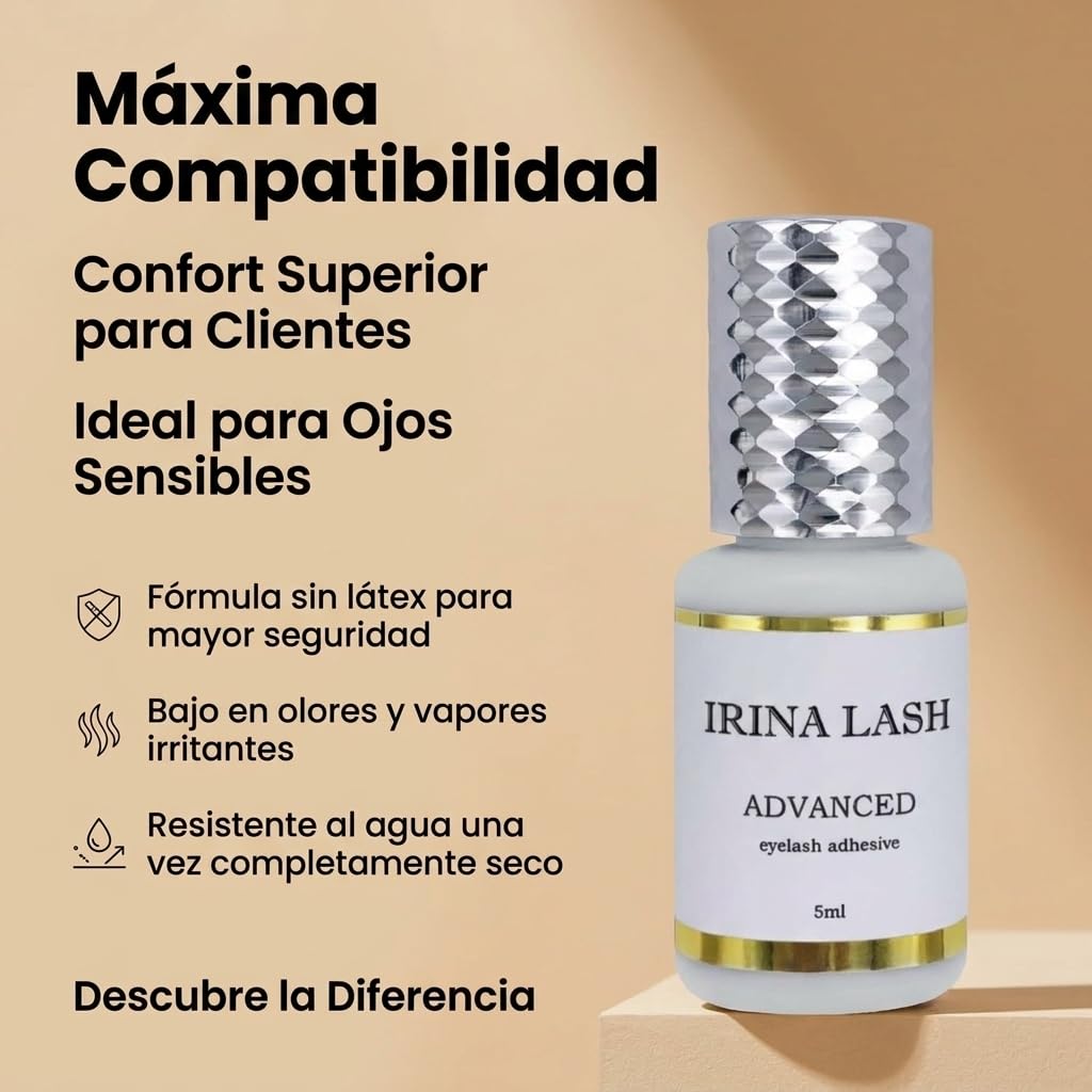 Pegamento para Pestaña Pelo a Pelo Advanced | Para Extensiones Negro 5 ml | 2 Seg Secado | 6 Semana de Retención | Sin Latex Bajo en Olores y Vapores | Resistente al Agua Certificado Irina Lash