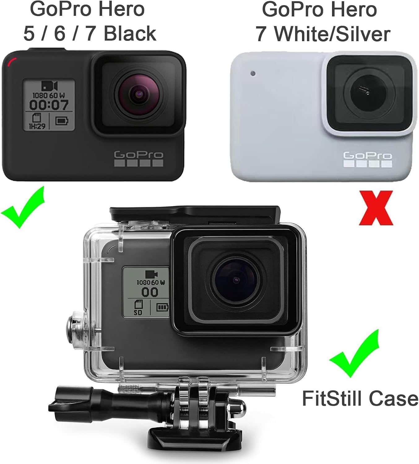 FitStill Custodia protettiva impermeabile subacquea per Go Pro Hero 7/6/5/2018, 60 m, include 3 filtri subacquei, impugnatura galleggiante, kit di accessori