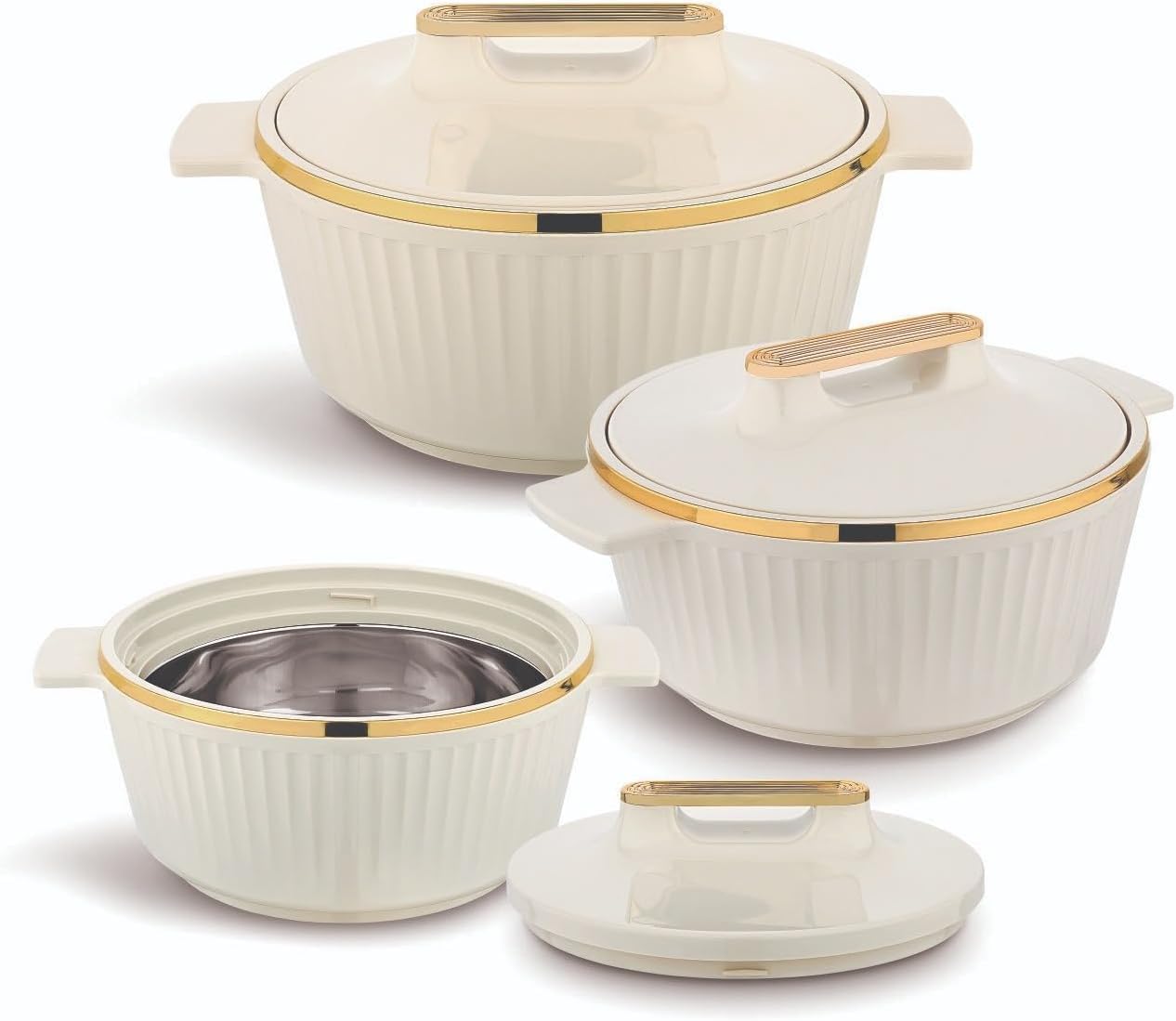T TABAKH Fancy 3pc Set 2500ml+3500ml+5000ml Insulated Casserole Dish with Lid Hot Pot Food Warmer/Cooler - Thermal Soup, Salad Serving Bowl - Stainless Steel Container - Keeps Food Hot & Cold (Green)