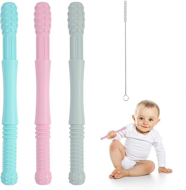 Teething Toys for Baby, 3 Pack Baby Teething Tubes, Soft Silicone Baby Teething Toy with Cleaning Brushes, BPA-Free Baby Teething Tube, Natural Organic Teethers for Babies, Toddlers, Grasping Toy
