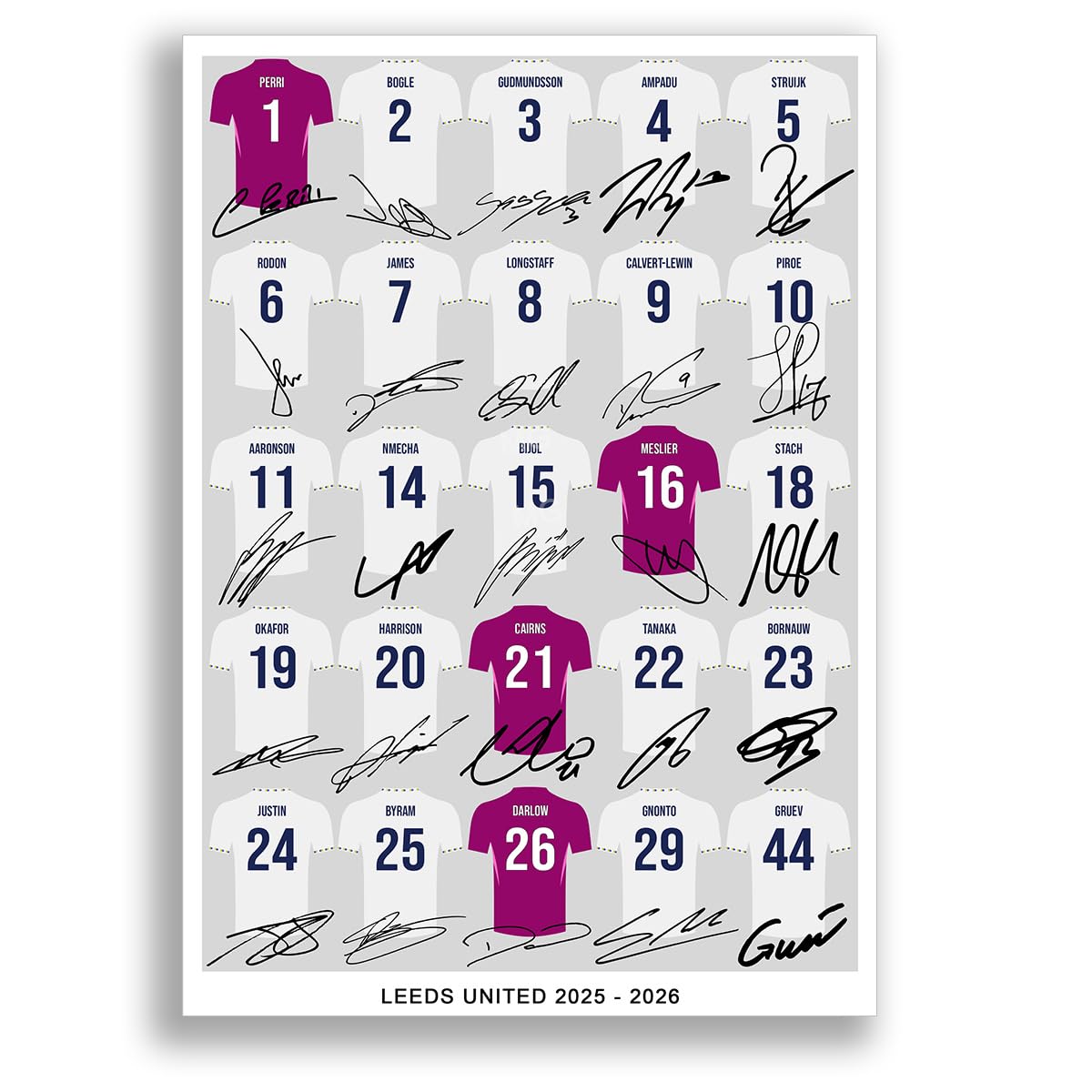 Mounted Gifts Trading Leeds United Team Squad 2025-2026 Signed Poster Print Framed Picture Photo Autograph Gift 25/26 Dan James Calvert-Lewin Rodon (A3 Squad Poster)