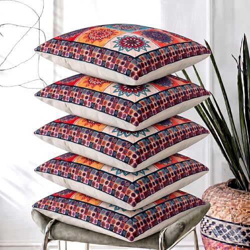 Image of Nendle Printed Holland Velvet Cushion Covers Set of 5, 16 x 16 Inches (40 x 40 cm), Decorative Sofa Cushion Cover with Zipper Closure, Floral Geometric Abstract Bohemian Designs, Multicolor