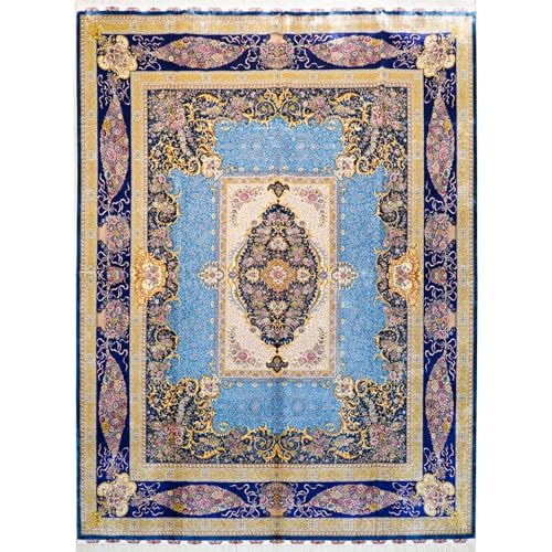 Yilong Carpet 9x12ft Large Blue Handmade Silk Area Rug Luxury