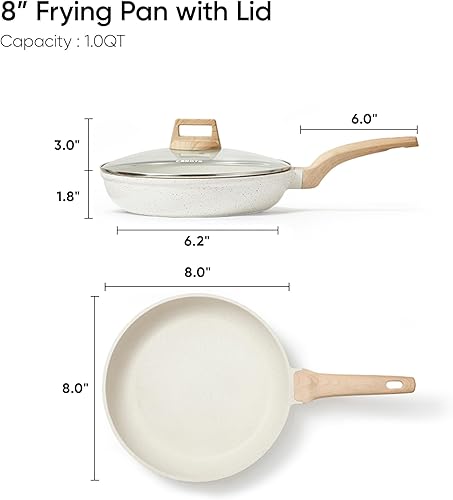 Vista 2 de CAROTE - Sartén antiadherente de 8 pulgadas con tapa, sartén de granito blanco sin pegamento, sartenes para tortillas, sartén para huevos