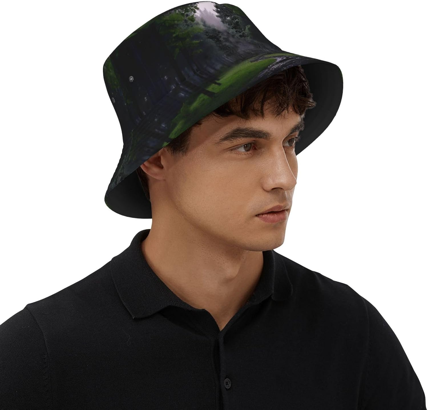 Fresh Forest After rain Prints Summer Outdoor Travel Bucket hat, a Beach Sun hat Suitable for Both Men and Women Black