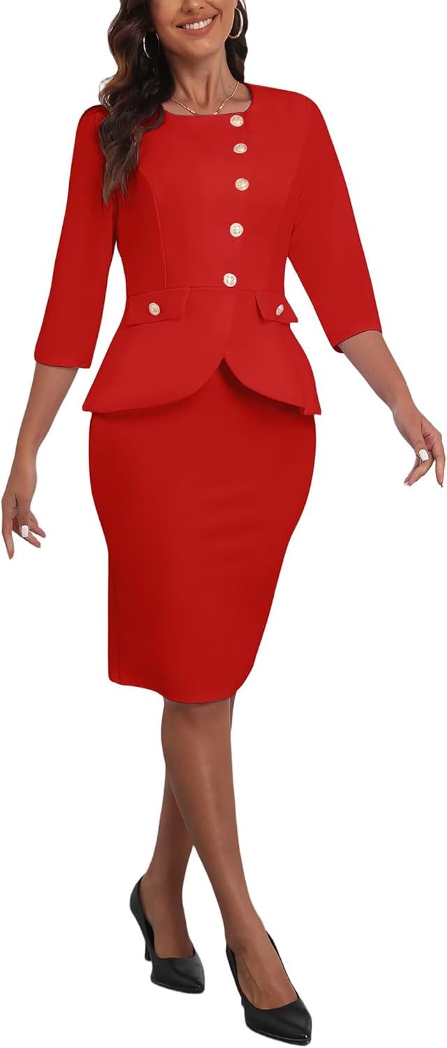 Suit Sets Women 2 Piece Skirt Dressy 3/4 Sleeve Blazer Jackets Midi Pencil Skirt Sets Business Formal Dress Suit Set - Image 5