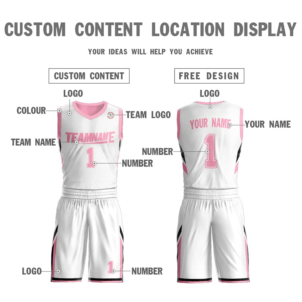 Custom Men Youth Reversible Basketball Jersey Uniform Printed Personalized Name Number Sportswear Big Size White&pink-09 One Size
