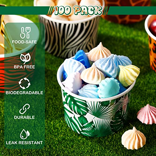 9 Oz Paper Ice Cream Cups Disposable Dessert Bowls Jungle Animal Theme Ice Cream Bowls Zoo Animal Print Snack Cups For Birthday Jungle Party Baby Shower Supplies Fits Sundae, Soup, Yogurt (100 Pcs) #TOP2