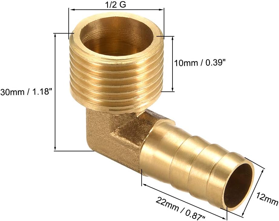 sourcing map Brass Barb Hose Fitting, 90 Degree Elbow 12mm Barbed to 1/2G Male Pipe Adapter Connector 2pcs - Image 3