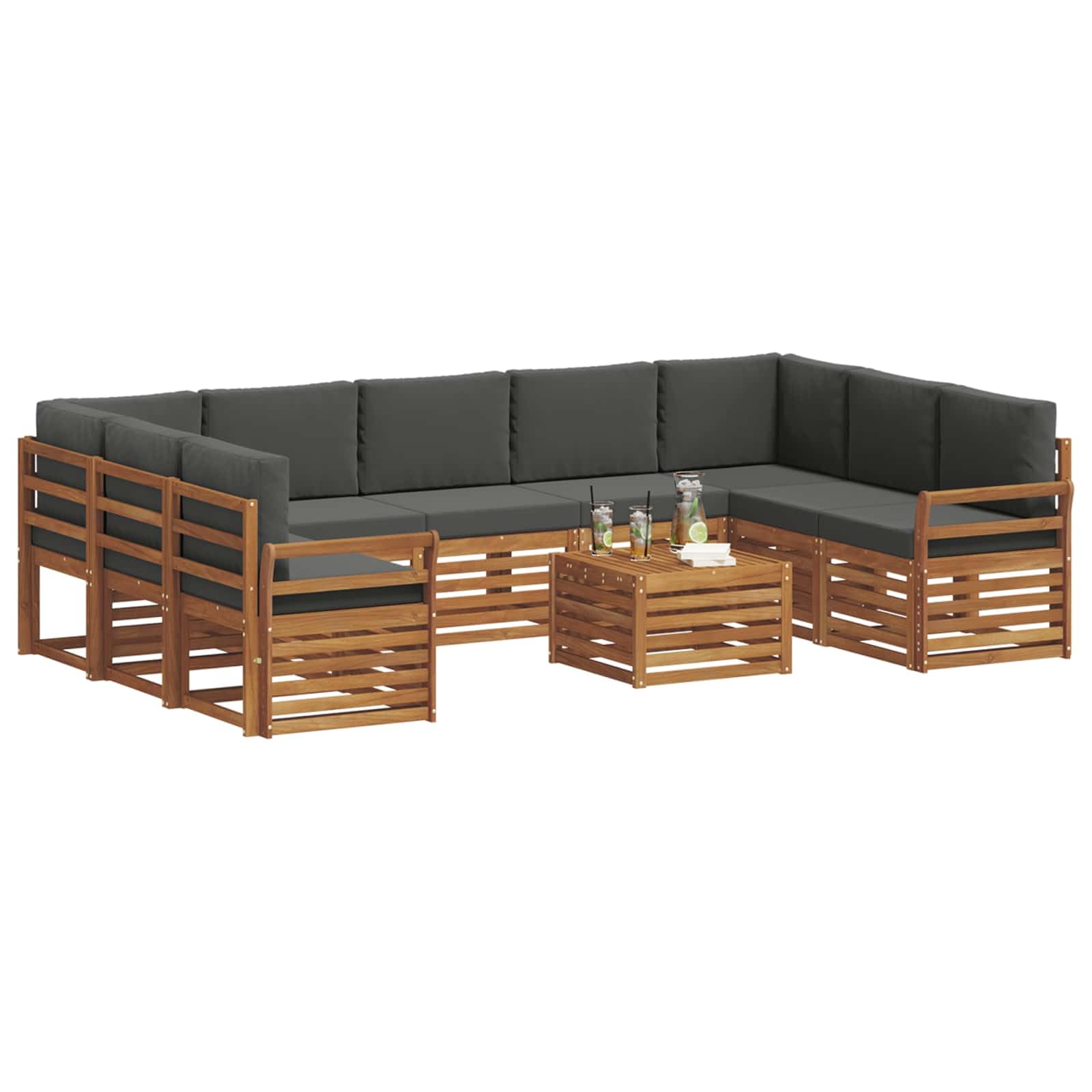 Gartenmöbelgarnitur Set 10-teilig aus massivem Akazienholz für Terrasse Balkon und Garten wetterfest modulare Sitzgruppe mit Tisch, Sofas, Sesseln, Kissen und Aufbewahrung