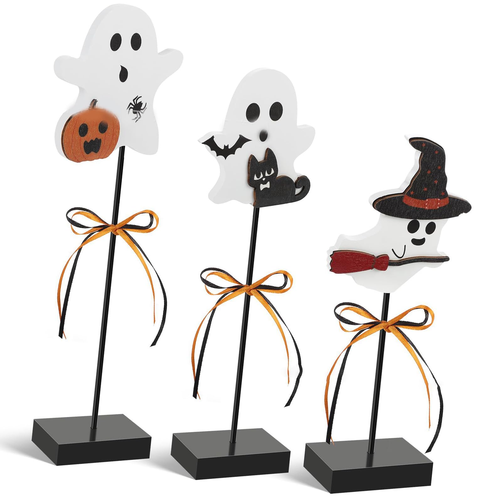 Jazuaiao Of 3 Ghostly Halloween Tabletop Decors Specter Figurines Ornament Wood Crafted Halloween Tabletop Accent Indoor Ornament