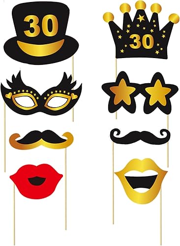 Miniatura 3 de Kit de 30 piezas de accesorios para cabina de fotos de cumpleaños, divertido juego de accesorios para fotos de cumpleaños número 30 negro y dorado