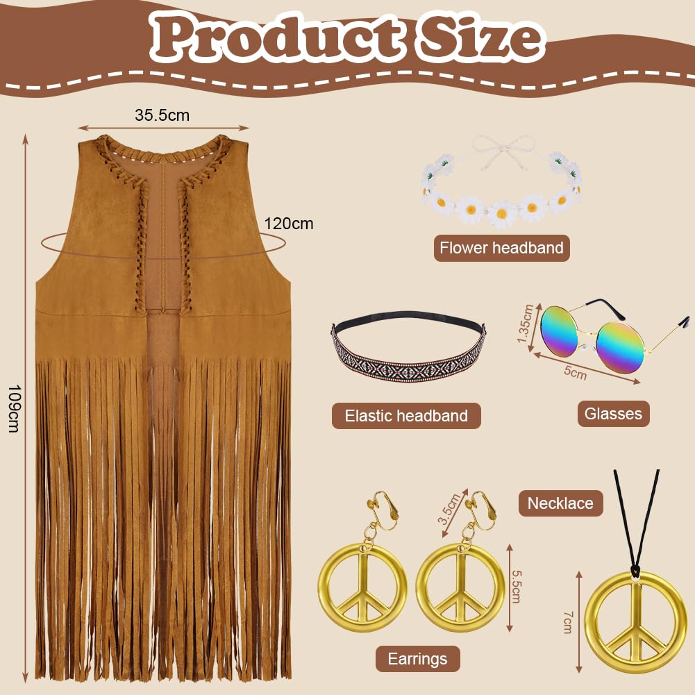 AOOWU Western Cowgirl Costume Set, 6Pcs 70s Hippie Fancy Dress Accessories for Women with Tassel Vest Necklace, Earrings - Image 2