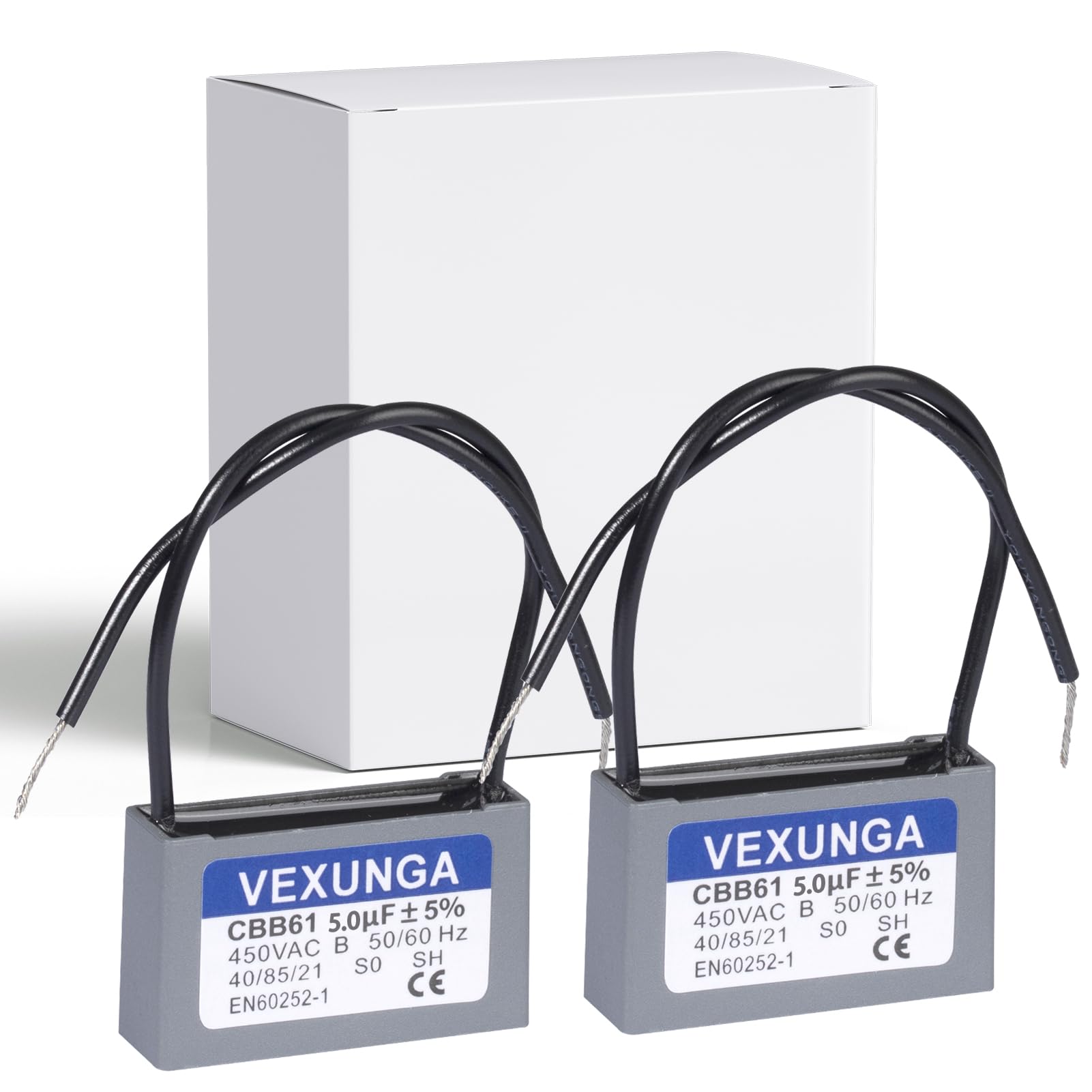 VEXUNGA CBB61 Fan Capacitor 5uF 450 Volt Ceiling Fan Capacitors Replacement 5MFD 450V AC 450VAC 50/60Hz 2Wire for Fans Motor Start Run (2Pcs)