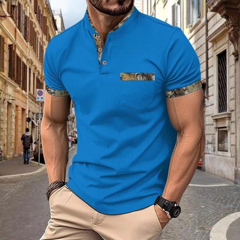 Men's casual short sleeved polo shirt street retro chest pocket stand up collar button splicing fashionable T-shirt2