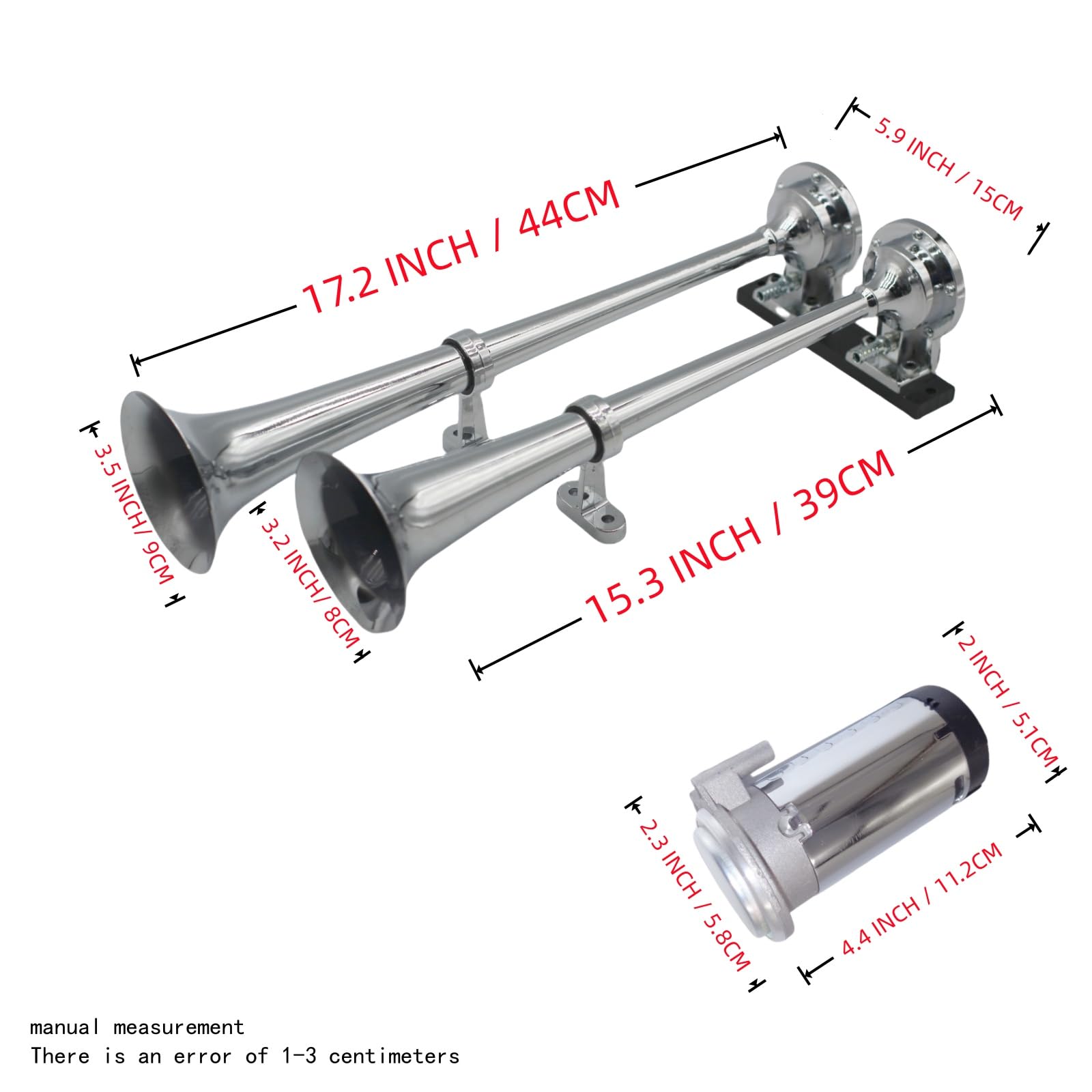 Clacson per auto 165DB Tromba ad aria 45cm Zinco cromato Doppia tromba Tromba ad aria per camion nera con compressore Tromba tono alto e tono basso Altoparlante per 24V Camion treno barca ecc