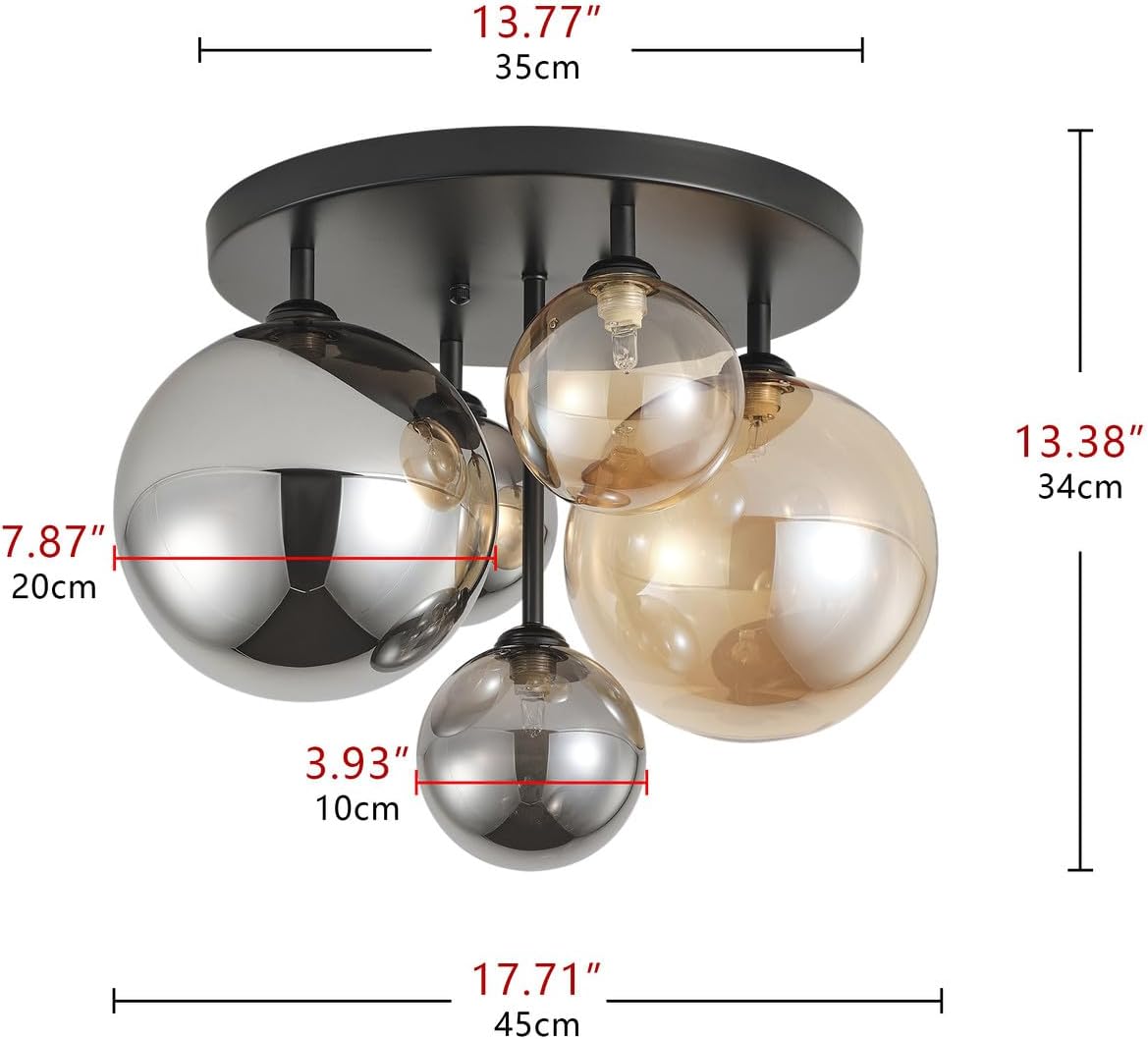 Aiwen 5-Light 17.71 in Black Semi Flush Mount Ceiling Light, Modern Ceiling Chandeliers with Globe Glass Shade, Farmhouse Ceiling Light Fixture, Cluster Chandelier for Bedroom