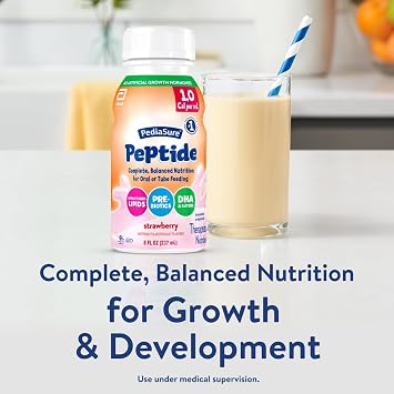 PediaSure Peptide 1.0 Cal, Peptide-Based Formula, Sole-Source Nutrition Drink for Tube Feeding or Oral Nutrition, Strawberry, 8-fl-oz Bottle, Pack of 24