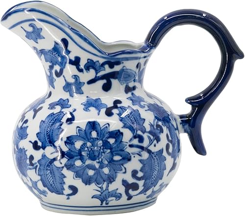 A&B Home - Jarra de cerámica con asa, jarra de crema de leche de café para cocina, tarro de porcelana azul y blanca con patrón de flores, 9 x 6 x 8 disponible en Yaxa Peru