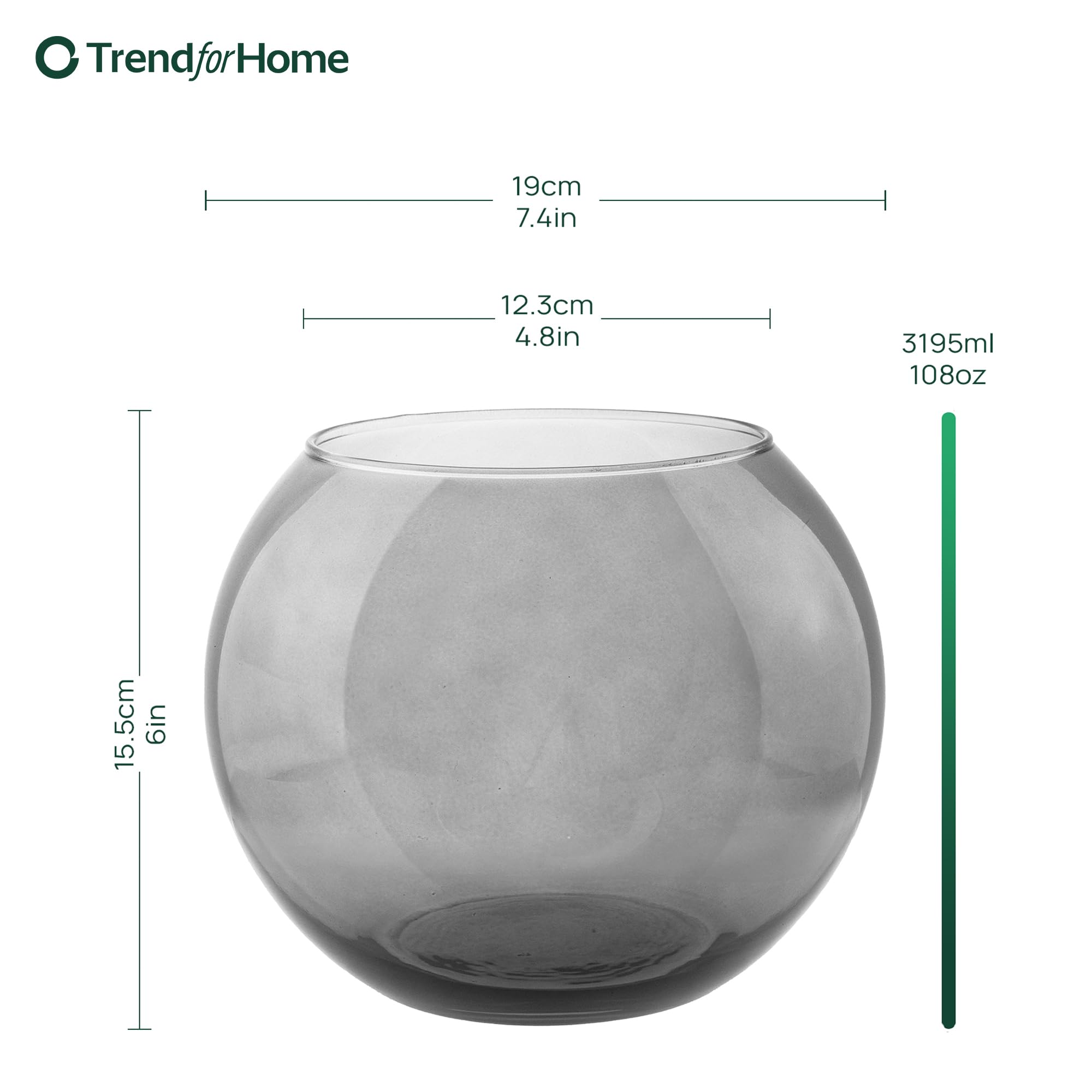 TREND FOR HOME Olivia - Vaso a sfera in vetro, Ø19 cm, altezza 15,5 cm, grigio