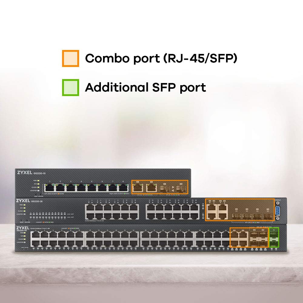 Zyxel Nebula Conmutador gestionado de capa 2 Gigabit Ethernet de 24 puertos: diseño sin ventilador con 4 puertos combinados Gigabit y modo de Nube híbrida (Hybrid Cloud) [GS2220-28] | 24x Puertos GbE + 4x Gigabit RJ-45/SFP Combo, Sin Ventilador, NebulaFle