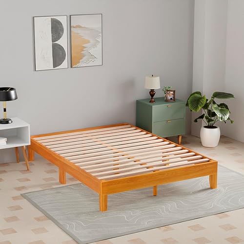 Miniatura 38 de PayLessHere Base de cama de plataforma de madera con cabecero tamaño King, base de madera maciza, soporte de listones de madera, no necesita somier,